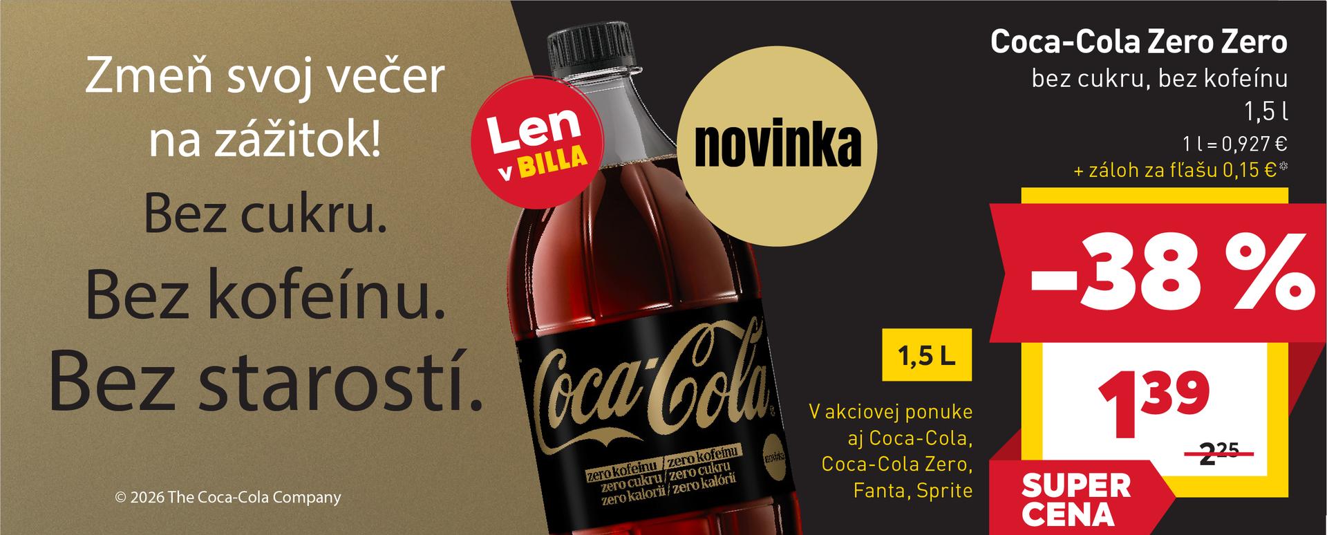 Ochutnajte novinku Coca-Cola Zero Zero, 1.5l v zľave 38%, akciová cena je 1.39 €